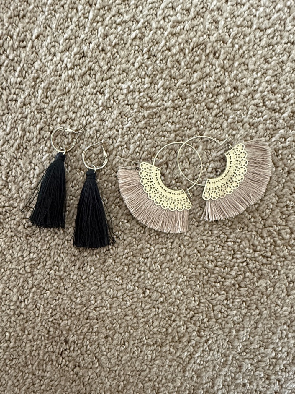 Tassel Hoop Earrings Duo - Black & Beige